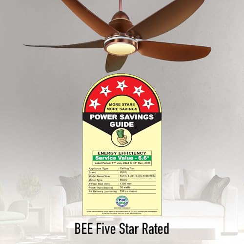 Image of KUHL Luxus C5 1320mm Stylish 65% Power Saving BLDC Ceiling Fan with Remote|Night & Down Light|29W|BEE 5 Rated & ISI Marked|Low Noise|IoT -Operate via Mobile & Alexa|Reverse Mode|FreeInstallation|Brown