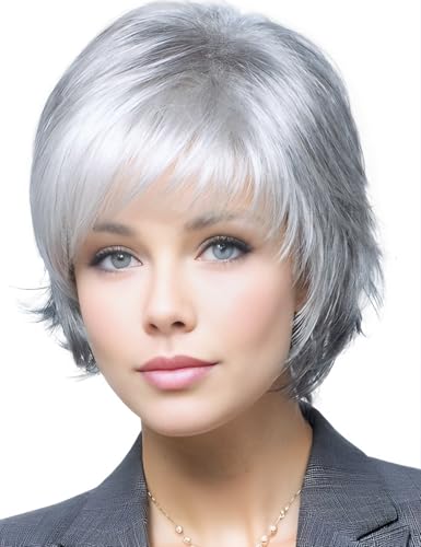 TISHINING Short Gray Pixie cut Wigs for White Women with