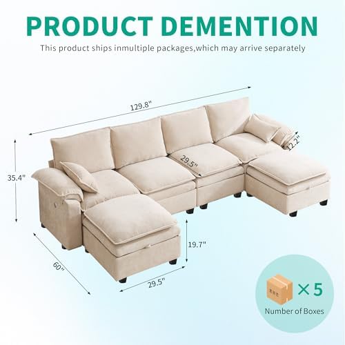 Large U-Shaped Sectional Couch Set - 6/7/8 Seater Oversized Cloud Sofa for Living Room, Big Comfy Chenille Fabric Couches, Extra Long Modular Sofa Bed Furniture (Beige, 6-Seater Sofa) - Thumbnail 4
