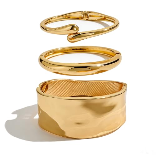 Chunky Gold Bangles Bracelets Stack for Women, Dainty 14k Gold Plated Wide Stackable Bangles Set, Trendy Statement Cuff Bracelet Stack Fashion Jewelry Gifts Style 5