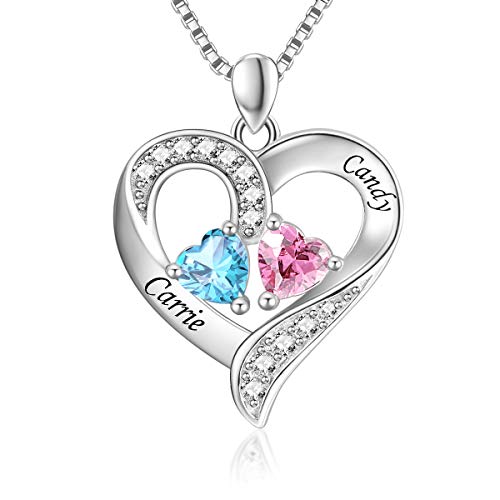 MissNity 925 Sterling Silver Personalized 2 Heart Simulated Birthstone Engraved Names Necklace for Women Mother Pendant Jewelry