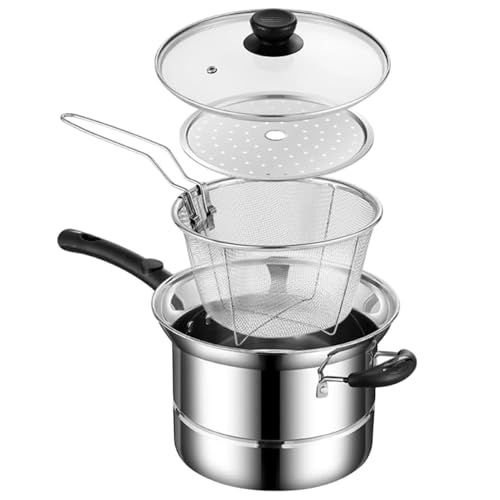 Olla freidora, olla de acero inoxidable, cesta de cocina multifuncional, con cesta coladora, asas resistentes al calor para papas fritas, mariscos, camarones, cebolla, 21 x 14 cm