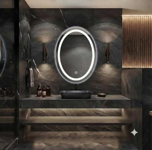 Image of 24 x 18 Inch Oval LED Bathroom Mirror | Touch Sensor, 3 Colour Dimmable Warm Neutral Daylight, Frameless, Lighted Wall Mirror, For Bathroom Bedroom