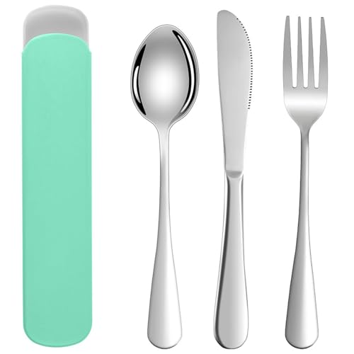 Travel Cutlery Set With Case for 1, Portable Stainless Steel Set for Outdoor Picnic, Office, School Lunch Box - Green