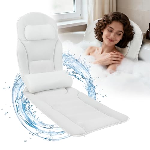 Badewannenkissen Ganzkörper 131 * 38cm, Badekissen mit Kopfstütze und Abnehmbares Taillenkissen, Kissen für Badewanne mit Hängehaken, Unterstützt Nacken Rücken, Schnelltrocknend, Hautfreundlich(Weiß)