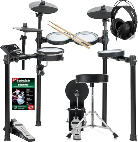 XDrum DD-460P E-Drum Kit Home Set - Batería electrónica compacta - 25 kits y 15 canciones - Mesh Heads - Set ahorro con taburete, auriculares, baquetas y escuela - Negro