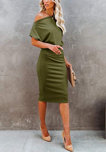 Image of EZBELLE Women's Summer Dress Off The Shoulder Short Sleeve Ribbed Casual Party Bodycon Midi Dresses