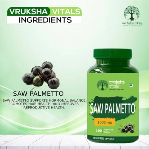 Vruksha Vitals Saw Palmetto Extract 1000 mg - 100 tablets/capsules supplement as DHT Blocker with Biotin