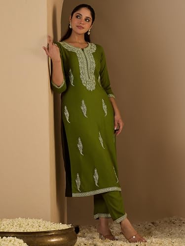 Image of INDO ERA Women's Viscose Rayon Floral Embroidered Straight Calf Length Kurta & Pant Set (IEAI11741)