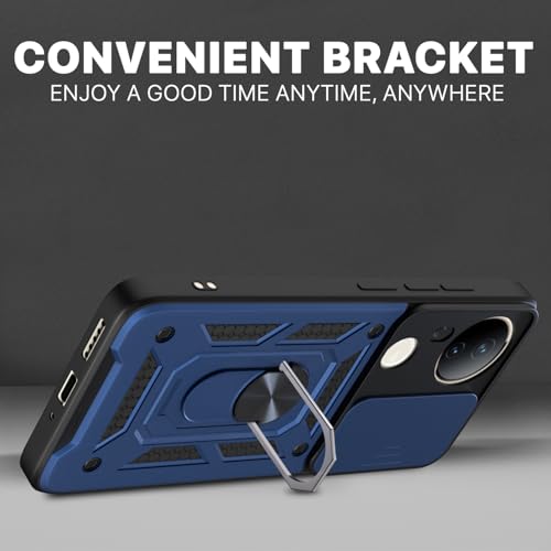 Image of Pikkme Back Cover for Vivo T4 Ultra 5G | D10 Tough Armor | 360 Protection Case | Sliding Camera Shield Cover & Ring Holder Stand Bumper Case (Blue)