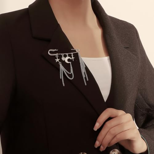 Image of Punk Gold Silver Star Moon Tassel Chain Brooch Sweater Shawl Clips Collar Pin for Women Safety Chain Tassel Broochs