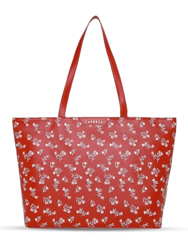 Image of Caprese Merida Tote Bag, Large | Stylish Floral Print Handbag for Women with Laptop Compartment | Spacious, Versatile Office & Daily Essentials Tote | Shoulder Straps, Zip Closure (Red)