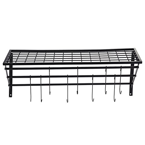 Estante de la Olla Sartén Estantería Colgante de Pared con 10 Ganchos Organizador de Almacenamiento de Cocina Metal (Negro 62 * 25.5 * 25cm)