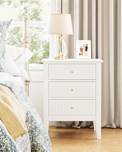 Image of Fluted Nightstand, Farmhouse Night Stand with 3 Drawers, Mid Century Modern Side Accent Table,Bedside End Table for Bedroom, Living Room, White