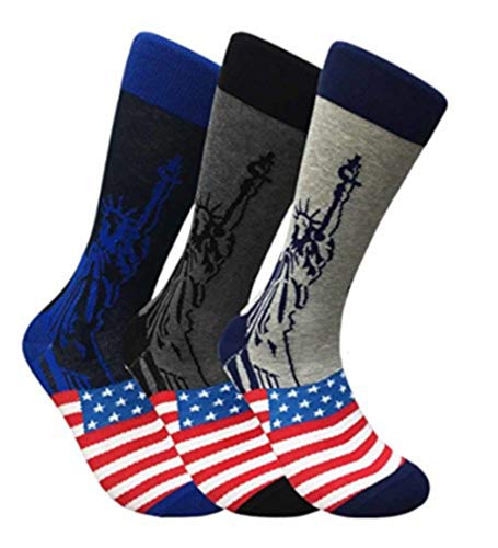 Men's 3 PK Hipster Lady Liberty American Flag Patriotic USA Novelty Crew Dress Socks