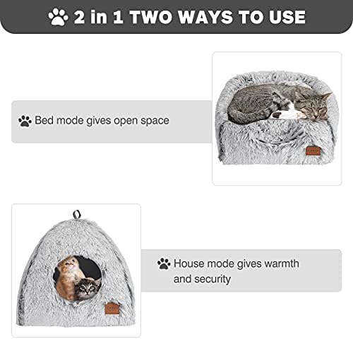 Pet Bed Plush Tent Cave House Triangle Cat Nesting Bed Cat Nest House for Cats Small Dogs Puppy with Washable Removable Pillow Cushion Carrying Handle Anti-slip Cat Bed Igloo Cave Large Grey
