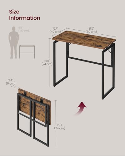 Image of VASAGLE Folding Desk, Foldable Computer Desk, One-Piece Desktop, Rounded Edges, Small Folding Craft Table for Bedroom, Balcony, Camping, Easy Assembly, 31.5 x 15.7 Inches, Rustic Brown ULWD151KD01