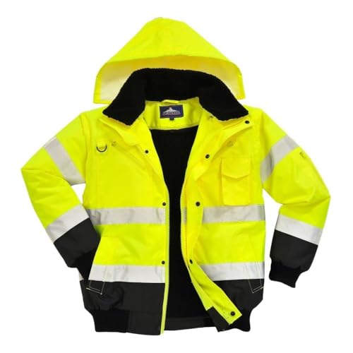 Portwest C465 Hi-Vis 3-in-1 Waterproof Contrast Hooded Bomber Jacket with Pockets - Reflective Outdoor Safety Security Workwear Coat, Yellow/Black, 3XL
