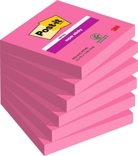 Post-it Super Sticky Notes, 540 Sheets, Pack of 6 Pads, 76 mm x 76 mm - Holds Strong to Many Surfaces - Pink - For Walls, Monitors and Fridge, Recycable