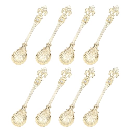 WJXFHTD 8PCS Vintage Dessert Spoons, Carved Zinc Alloy Spoon Espresso Spoons Mini Shell Shape Decorative Spoon Mugs Refreshments Ice Cream Tableware (Gold)