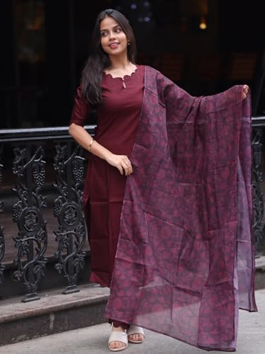 Image of 24 Carat Suit Women's Roman Silk Straight Cut Kurti Pant with 3 /4th Sleeves Round Neck Regular Fit calf Length and Dupatta Set