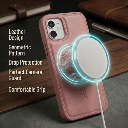 Image of amazon basics Premium PU Leather Case for iPhone 11, MagSafe Compatible Magnetic Ring, Sleek Protective Back Cover - [Pink]