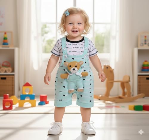 Image of A.T.U.N. (ALL THINGS UBER NICE) Baby Girls Cotton Denim Dungaree Set with 3D Teddy Bear Design |Printed T-Shirt with Adjustable Straps | Stylish & Comfortable Daily Outfit for Baby Unisex