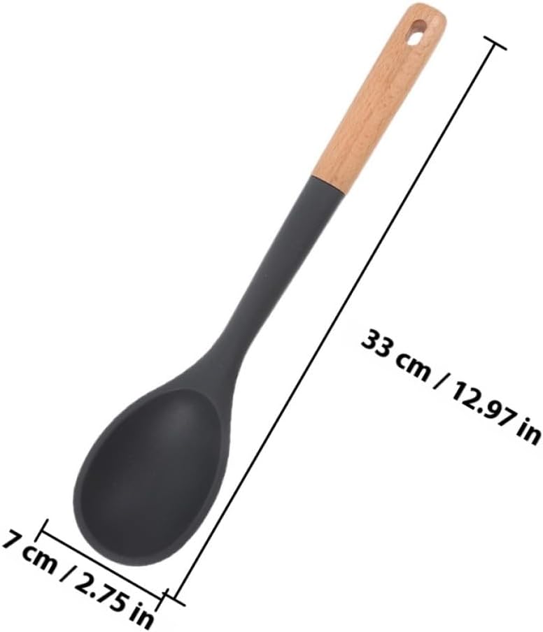 2pcs Large Silicone Cooking Spoon Set with Black Heat-resistant Silicone Heads and Solid Wooden Handles for Nonstick Cookware, Multifunctional Serving, Stirring, and Scooping