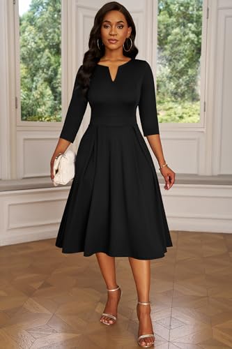 Image of Nmoder Midi Dresses for Women, Semi Formal Fit and Flare 3 /4 Sleeve V Neck Work Dress with Pockets