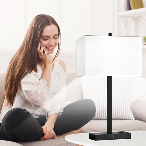 Image of Lynnoland 21 inch Set of 2 Table lamp with USB A+C & AC Outlets, Touch Control 3-Way Dimmable Nightstand Lamps for Bedroom Living Room Office Reading, White Shade Touch Lamps, 5000K LED Bulbs Included