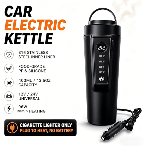 Image of 12V /24V Car Kettle, Portable Kettle for Hot Water, 316 Stainless Steel Premium Liner,Smart Multi-speed Temperature Control for Truck Driver OTR, Road Trips, RV(BLACK)