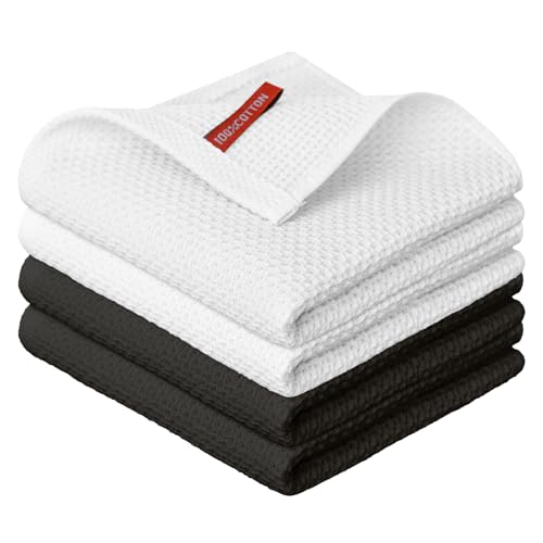 Artoid Mode Lot de 4 torchons de cuisine, 100 % coton, lavables, absorbants, 34 x 34 cm, motif gaufré (blanc + noir)