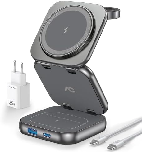 KU XIU X40 Caricatore Wireless Magnetico, Stazione di Ricarica Pieghevole 3-in-1 per iPhone 16/15/14/13/12, 5W per Apple Watch 10/9/Ultra/SE/8/7/6/5/4 - Grigio