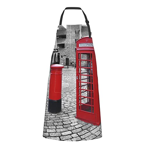 LINGF Delantal de cabina telefónica roja London, delantales de cocina para cocinar, delantal de cocina con babero impermeable con 2 bolsillos, lazos largos
