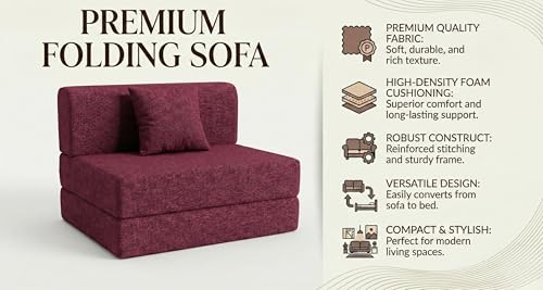 Image of Foldable One Seater Sofa Bed 3 X 6 Ft Jute Fabric Washable Cover Sofa Cum Bed with Cushions Convertible Sofa Bed for Home, Office (Red Color - Pre-Assembled)