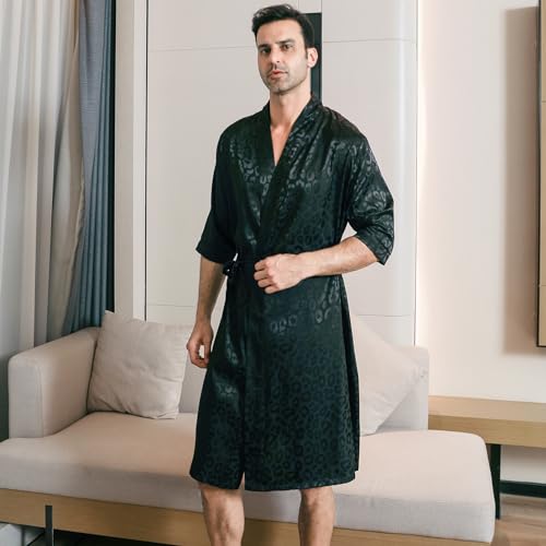 Men's Satin Robe Lightweight Half sleeves Silk Kimono Bathrobe with Shorts Set Sleepwear2
