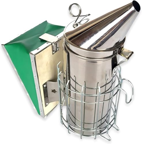 Foxhound Bee Co Stainless Steel 12.5-inch Pro Smoker for Beekeeping with Heat Chamber, Burn Shield, Green Bellow and Heavy Duty Features for Producing Smoke when Working Bee Hives (Large)