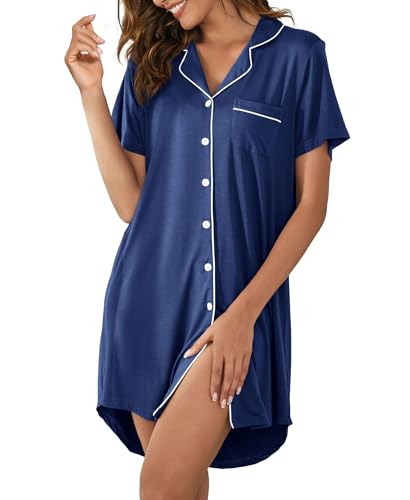 Hagmeu Maternity Nursing Gown Button Nightshirt Labor Delivery Nursing Nightgowns for Breastfeeding Pregnancy pajama Dress Cyan Blue,Small