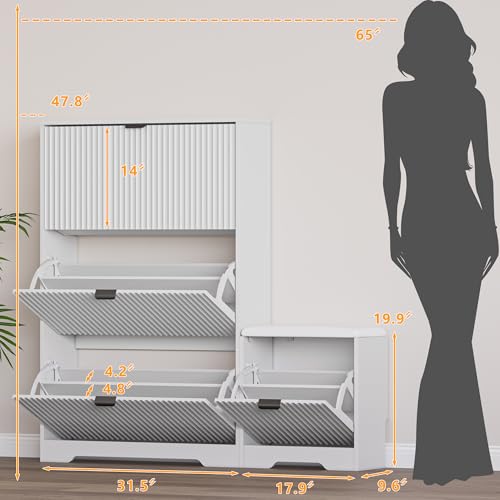 Image of BORNOON Slim Shoe Cabinet with Bench for Entryway, Hidden Storage and Adjustable Shelves, Free Standing Wooden Shoes Organizer for Foyer, Hallway