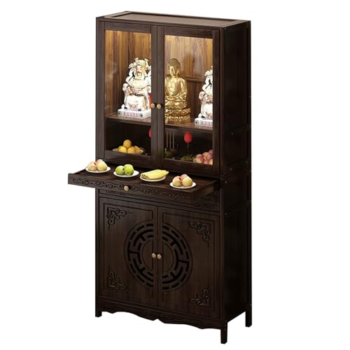 祭壇、仏壇ニッチ、神棚祭壇テーブル(収納付き)、仏壇キャビネット、レトロな仏壇台、中国風仏壇ニッチキャビネット、アクリル扉付きプージャテーブル、瞑想と祈りに最適(52cm/20.5in)
