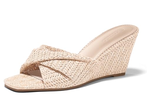 Coutgo Womens Wedge Sandals Espadrilles Square Open Toe Slip On High Heels Slides Summer Beach Shoes, Beige, Size 8