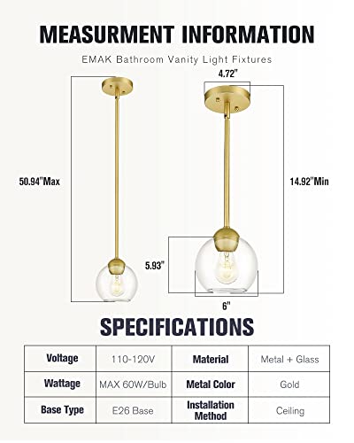 Emak 1-Light Pendant Lights, Modern Gold Pendant Light Fixtures With Clear Glass, Globe Pendant Light For Kitchen Island, Dining Room, Bedroom, Hallway, Bathroom, 2 Pack, Pl114-Gd-2Pk #TOP4