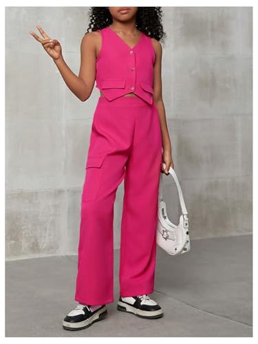 Image of Floerns Girl's Summer Two Piece Sets Button Up Waistcoat Vests Cargo Pants Clothing Sets