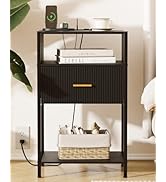 Veegle Black Nightstand with Charging Station, Fluted Side Table with Drawer, Modern Bedside Tabl...