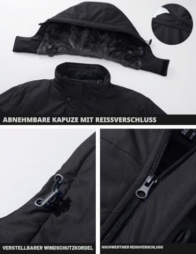 TACVASEN Herren Winterjacke Wasserdicht Outdoorjacke Atmungsaktiv Warme Gefütterte Snowboardjacke Winddicht Schwarz, XL