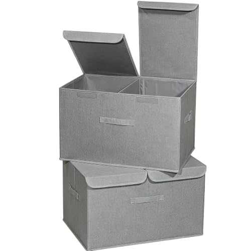 Image of 2 Pack Large Storage Boxes with Lids and Handles, Collapsible Linen Storage Bins Organizer Containers Baskets Cube with Removable Divider for Home Bedroom Closet Office (Grey, XL)