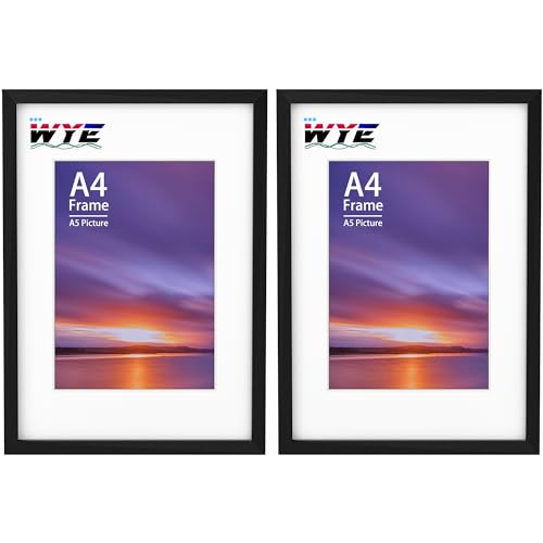 wyewye Lot de 2 Cadres Photo A4 en Bois Avec Passe-partout A5, Support ou Suspension Murale, Cadre Noir Avec Fenêtre en Plexiglas
