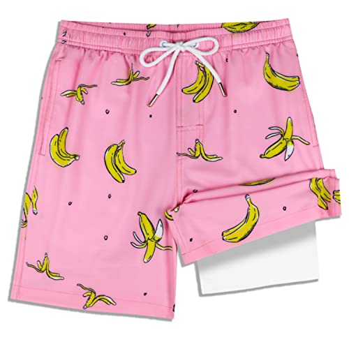 QRANSS Boys' Quick Dry UPF 50+ Beach Swim Trunk,Pink Banana Swim Trunks Boy Size 6 7 8 with Compression Liner