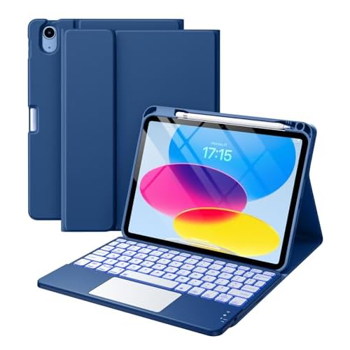Harvopu Compatible for iPad 11th 10th Generation Case with Keyboard, Folio Cover with Pencil Holder, Multi-Touch Trackpad, 7 Color Backlit, Detachable Keyboard for iPad (A16) 11th/10th Gen (Navy Blue)