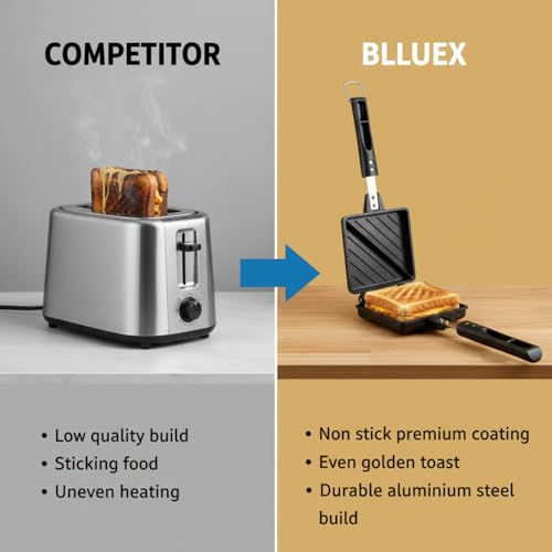 Image of Sandwich Maker for Gas Stove Non Stick | Jumbo 2 Slice Grill Sandwich Toaster | Crispy Toasted Bread Sandwich Maker | Heat Resistant Handle | Black (Jumbo 2-Cut Sandwich Toaster)